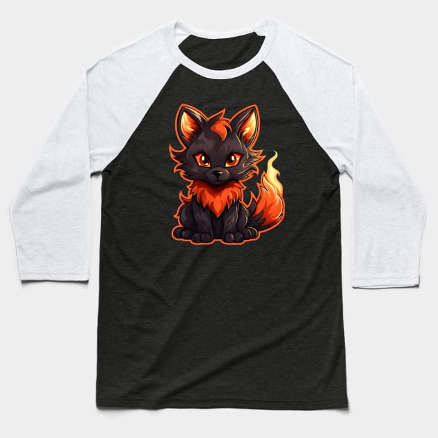 Baby black fire fox with flaming tail Baseball T-Shirt by Clearmind Arts